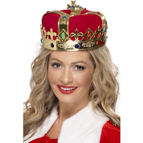 A blonde woman wearing a red and gold crown with jewels and white collar.