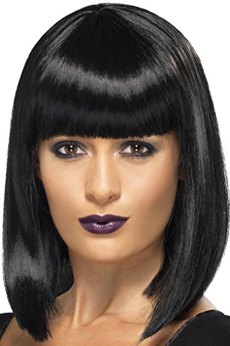A mannequin head wearing a black, shoulder-length wig with straight bangs, against a white background.