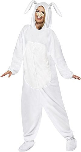 Person wearing a full-body white rabbit costume with long ears.
