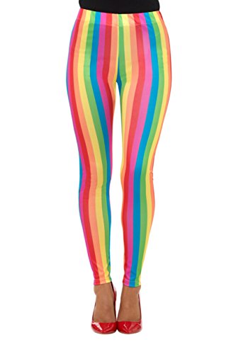 Rainbow striped leggings on a model's legs, paired with red high-heeled shoes.