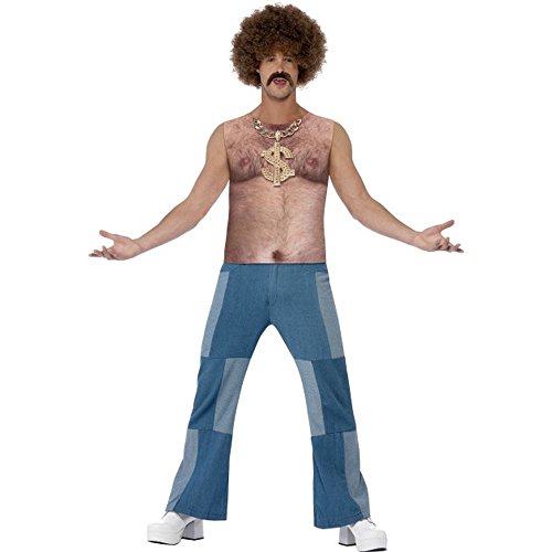 Man with a large afro and a realistic hairy chest costume.