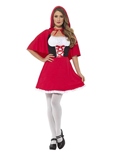 Woman wearing a Red Riding Hood costume with a red hooded cape and dress.