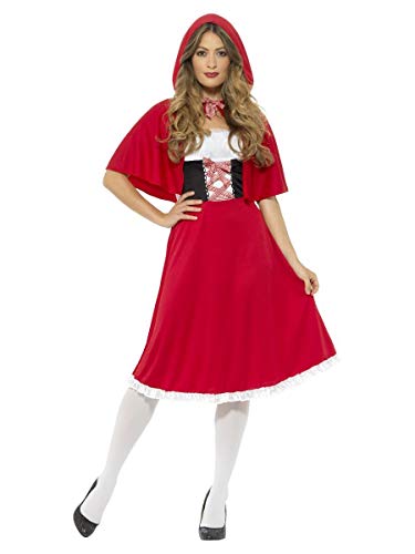 Woman wearing a red Little Red Riding Hood costume with cape.