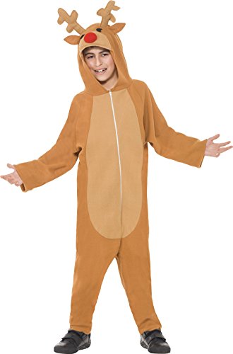 Boy wearing a brown reindeer onesie costume with antlers, red nose, and beige belly.