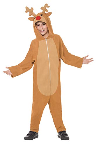 Child wearing a brown reindeer costume with antlers and a red nose.
