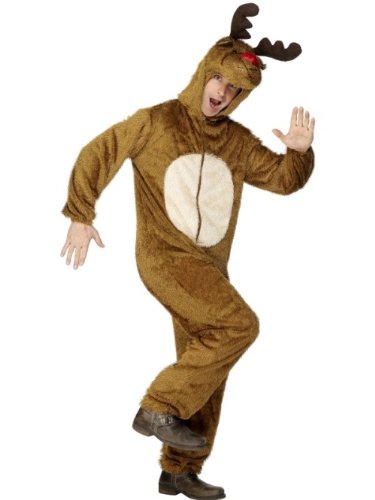 Person wearing a full-body brown reindeer costume with antlers.