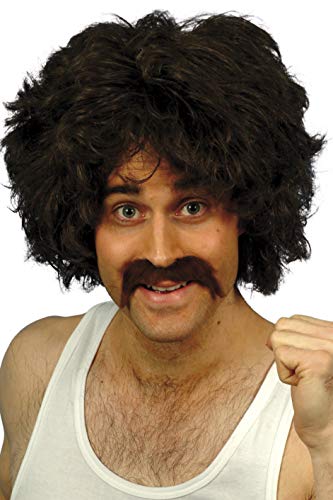 Brown curly wig and large mustache worn by a man.