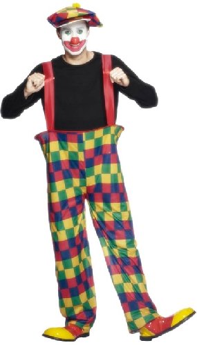 Clown costume with checkered pants, black top, hat, and red suspenders.
