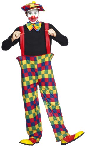 Full-body clown costume with checkered trousers, hat, and bright tie.