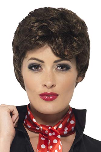 Brown, curly short wig worn by a person with red scarf.