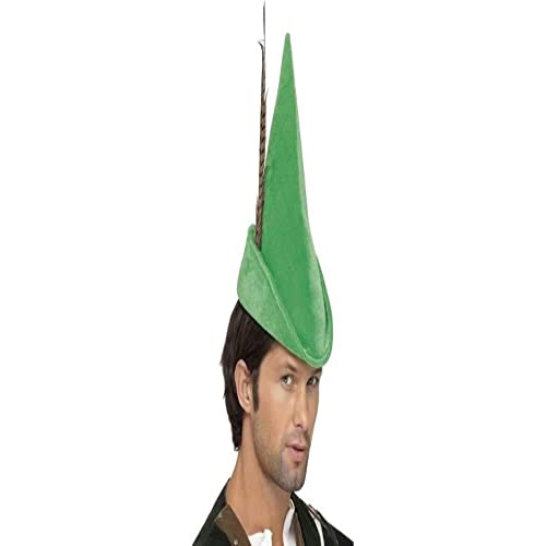 Green Robin Hood hat with a long, pointed tip and feather.