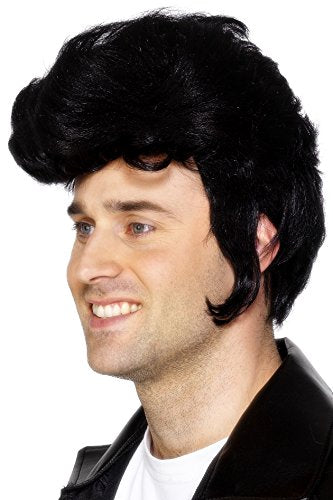 Man wearing a black, fluffy, rockstar-style wig and a black leather jacket.