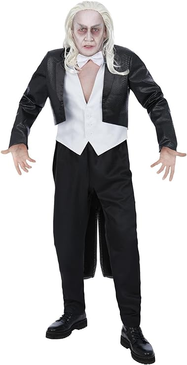 A person in a Riff Raff costume with long blonde hair, tuxedo, and white vest.