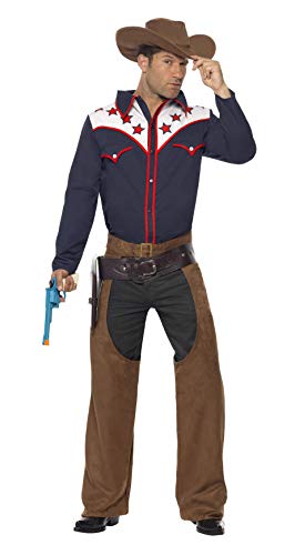 Man wearing a brown cowboy hat, blue shirt, and brown chaps.
