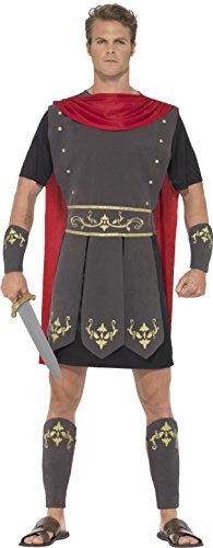 Man wearing a black and grey Roman gladiator costume with a red cape.
