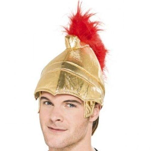 Golden Roman helmet with red plume, worn by a person.