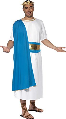 Man in a white and blue Roman Senator costume with gold accents.