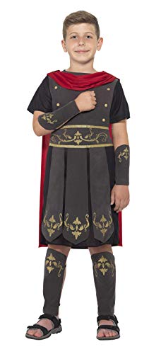 A boy wearing a Roman soldier costume with a red cape and gold accents.