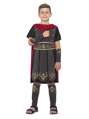 Boy wearing a grey and gold Roman soldier costume with red cape.