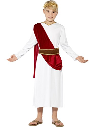 Child wearing a white Roman toga with a red sash and gold laurel wreath.