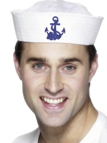 White sailor hat with a blue anchor emblem, worn on a man’s head.