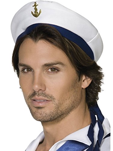 White and blue sailor hat band with a gold anchor detail.