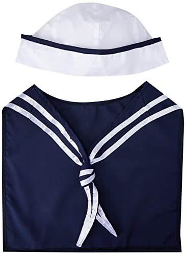 White and navy blue sailor hat and knotted scarf set.