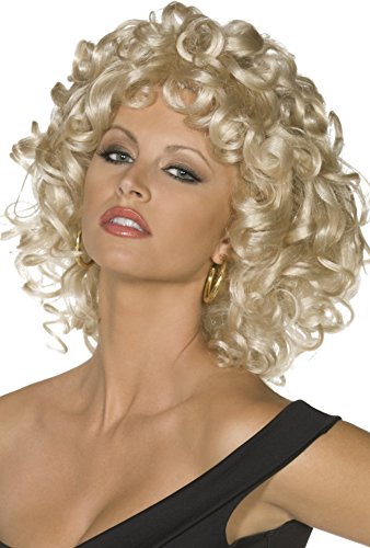 "Blonde curly wig on a woman with black dress, against a white background."