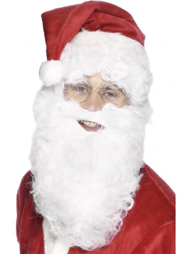 Person wearing a long, white Santa beard and hat with glasses.