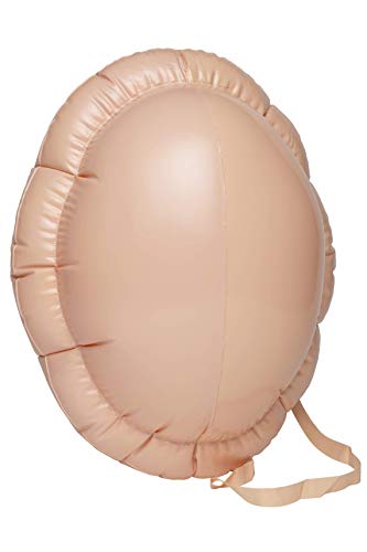 An inflatable, round, beige-colored belly prop with attached fabric straps.