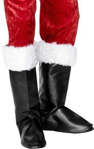 Black shiny boot covers with white faux fur trim, worn with red velvet pants.