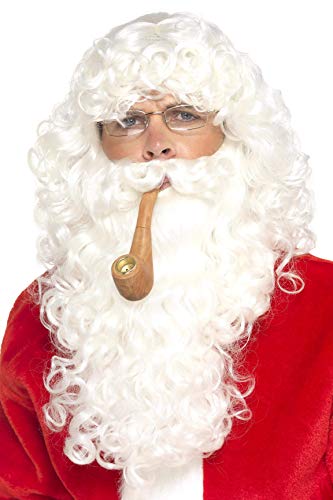 Man wearing a long white Santa beard, glasses, and smoking a pipe.