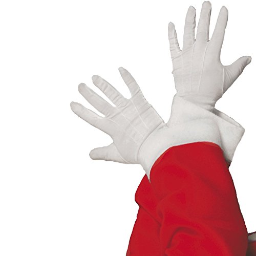 A pair of white gloves on hands wearing a red sleeve, against a white background.