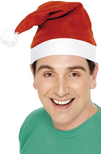 Man wearing a red Santa hat with white trim and a white pom-pom.
