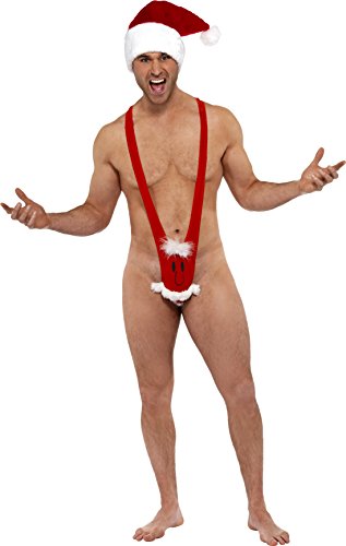 Man wearing a minimal Santa costume with hat and suspenders.
