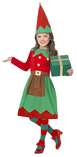 Child in a red and green elf costume holding a gift box.
