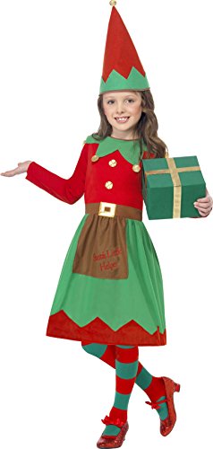 Young girl wearing a red and green elf costume, holding a wrapped gift.