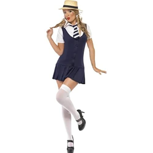 Woman wearing a black schoolgirl costume with a straw hat.
