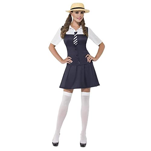 Woman wearing a short navy schoolgirl costume with hat and knee-high socks.