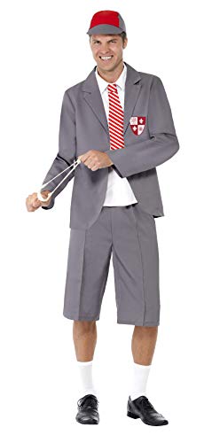 A man wearing a grey schoolboy costume with a red cap and striped tie.