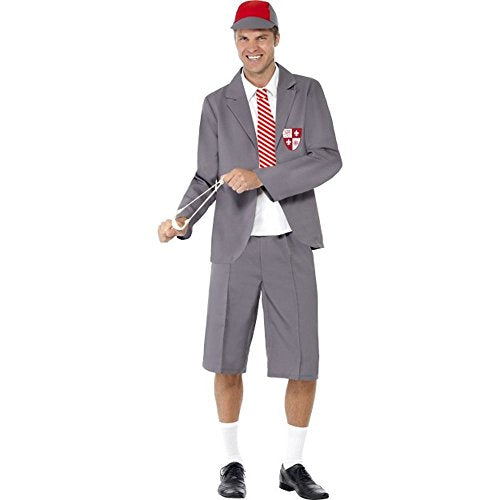 A man wearing a grey schoolboy costume, red cap, striped tie, and white socks.