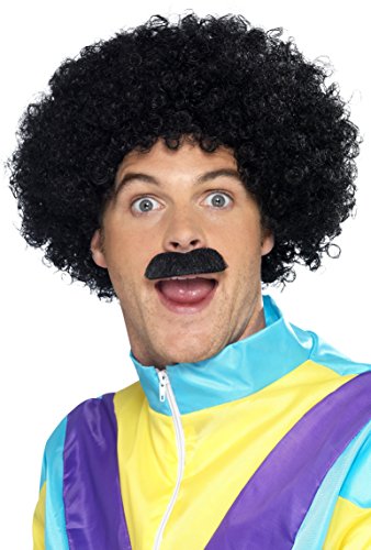 A man wears a curly black wig, fake mustache, and a yellow, blue, and purple jacket.