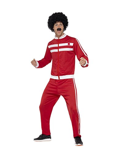 Man in a red and white striped tracksuit with an afro wig.