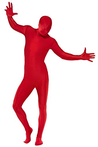 Person wearing a full-body, bright red, skin-tight costume.