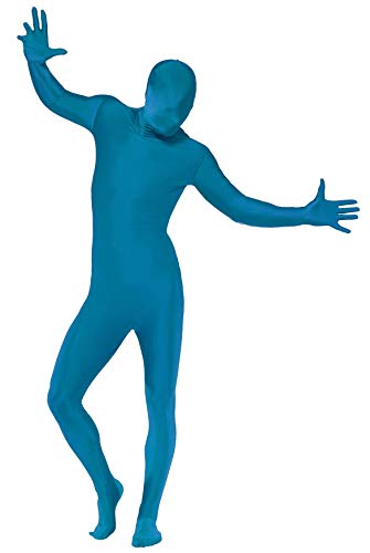Person wearing a full-body, bright blue, skin-tight costume.