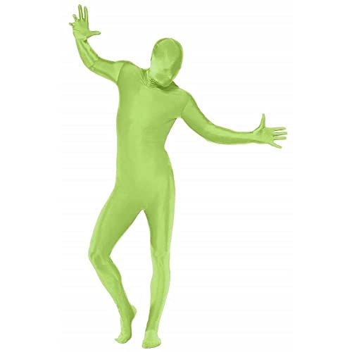 A person wearing a full-body green spandex suit against a white background.