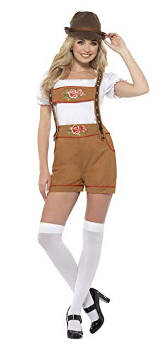 Woman wearing a Bavarian-style costume with a hat, white blouse, and brown lederhosen shorts.
