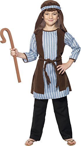 Child wearing a shepherd costume with a staff and headwear.