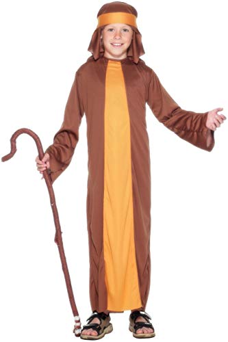 Child in a brown and gold shepherd costume holding a crook.