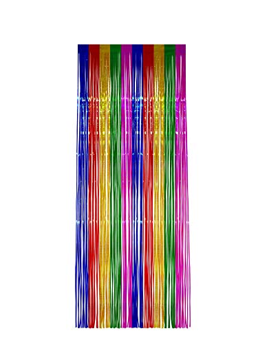 Rainbow foil fringe curtain, hanging vertically, isolated on white.